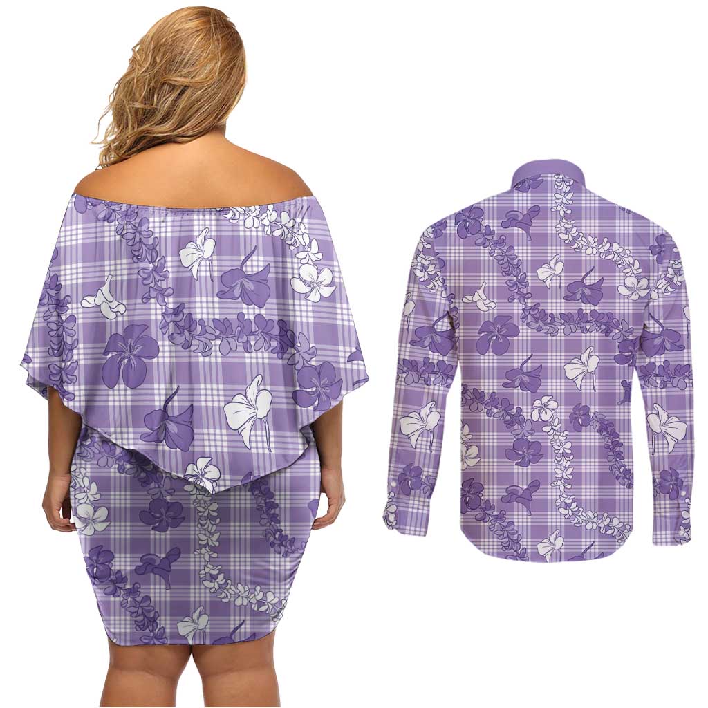 Poni Aloha Hawaii Couples Matching Off Shoulder Short Dress and Long Sleeve Button Shirt Plumeria Lei With Palaka Motif LT14 - Polynesian Pride