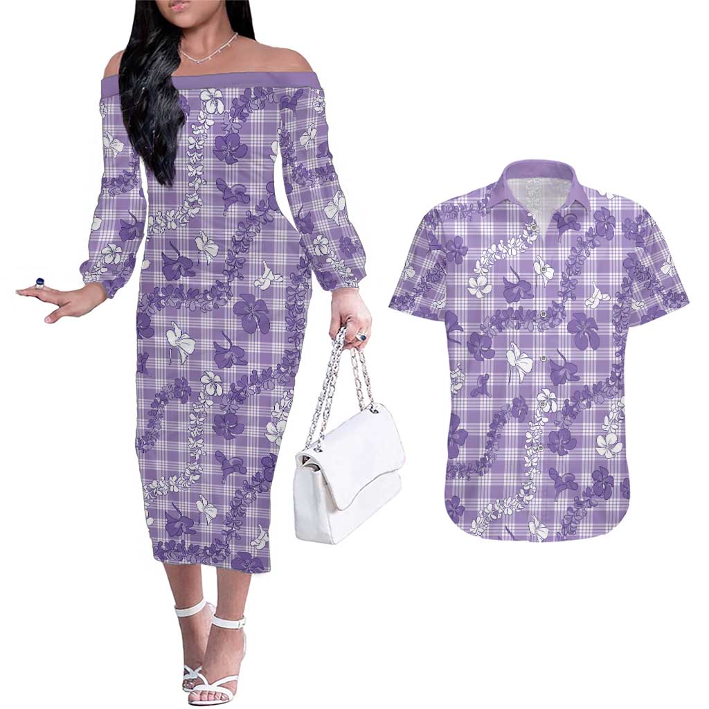 Poni Aloha Hawaii Couples Matching Off The Shoulder Long Sleeve Dress and Hawaiian Shirt Plumeria Lei With Palaka Motif - Polynesian Pride