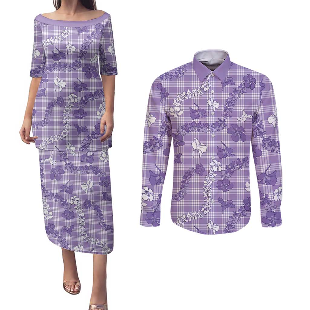 Poni Aloha Hawaii Couples Matching Puletasi and Long Sleeve Button Shirt Plumeria Lei With Palaka Motif LT14 Purple - Polynesian Pride