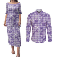 Poni Aloha Hawaii Couples Matching Puletasi and Long Sleeve Button Shirt Plumeria Lei With Palaka Motif LT14 Purple - Polynesian Pride