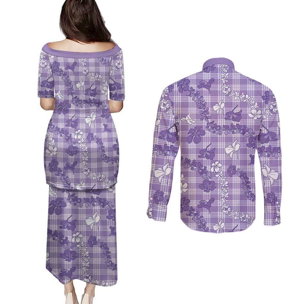 Poni Aloha Hawaii Couples Matching Puletasi and Long Sleeve Button Shirt Plumeria Lei With Palaka Motif LT14 - Polynesian Pride