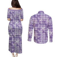 Poni Aloha Hawaii Couples Matching Puletasi and Long Sleeve Button Shirt Plumeria Lei With Palaka Motif LT14 - Polynesian Pride