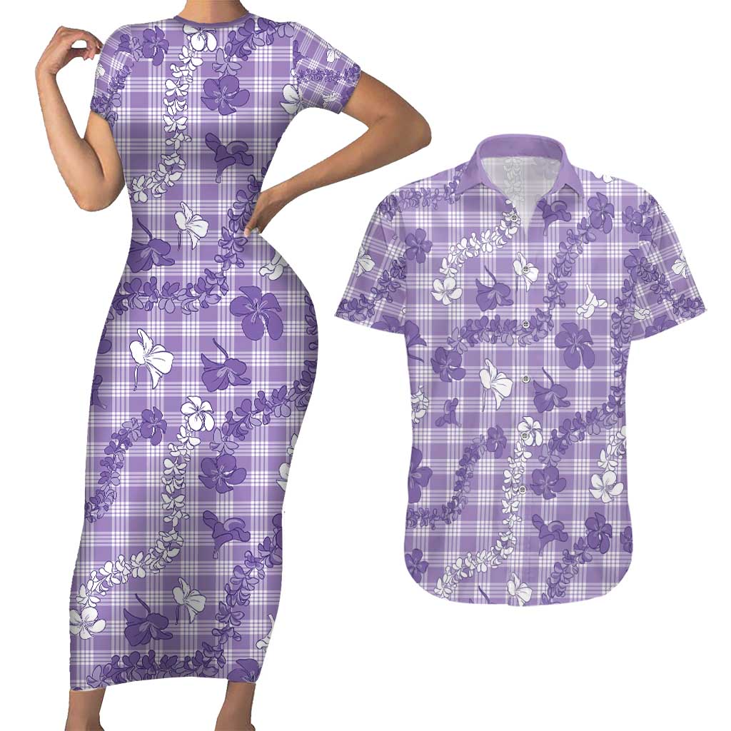Poni Aloha Hawaii Couples Matching Short Sleeve Bodycon Dress and Hawaiian Shirt Plumeria Lei With Palaka Motif LT14 Purple - Polynesian Pride
