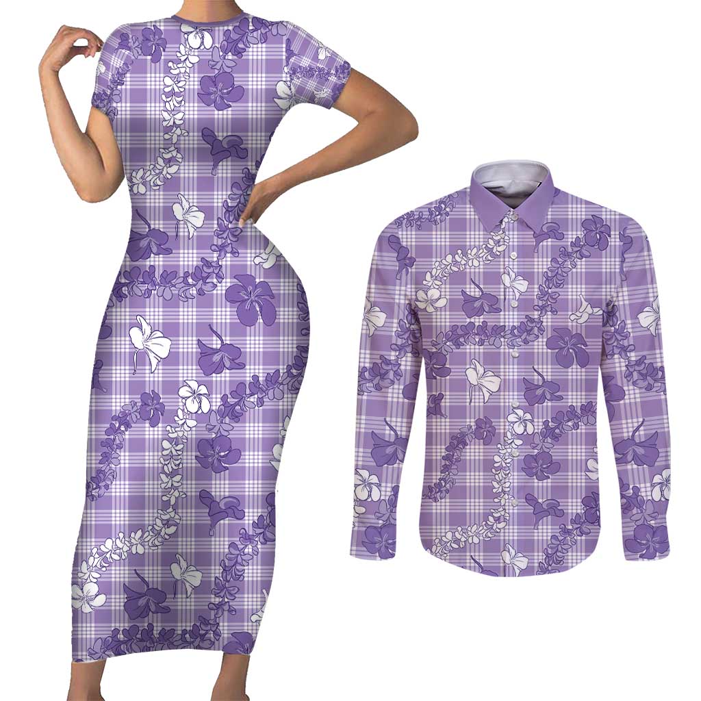 Poni Aloha Hawaii Couples Matching Short Sleeve Bodycon Dress and Long Sleeve Button Shirt Plumeria Lei With Palaka Motif LT14 Purple - Polynesian Pride