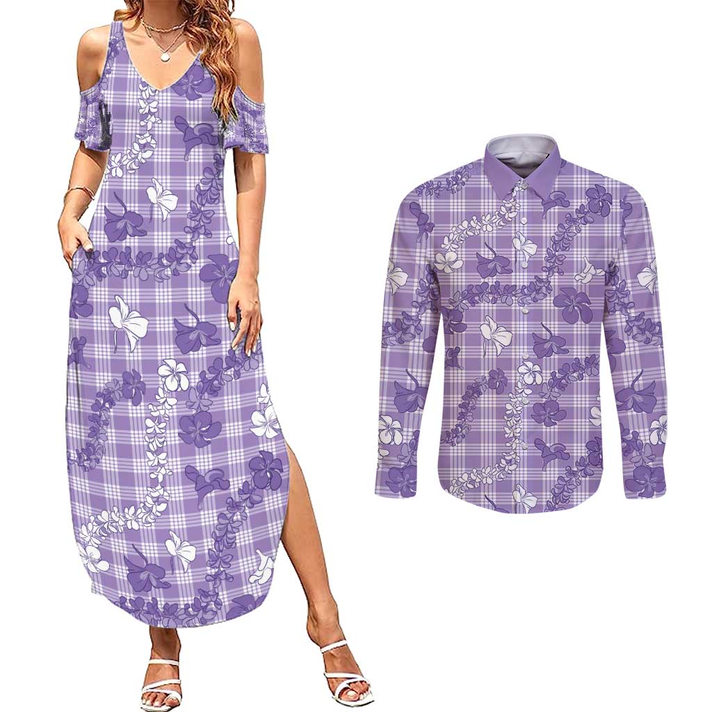 Poni Aloha Hawaii Couples Matching Summer Maxi Dress and Long Sleeve Button Shirt Plumeria Lei With Palaka Motif LT14 Purple - Polynesian Pride