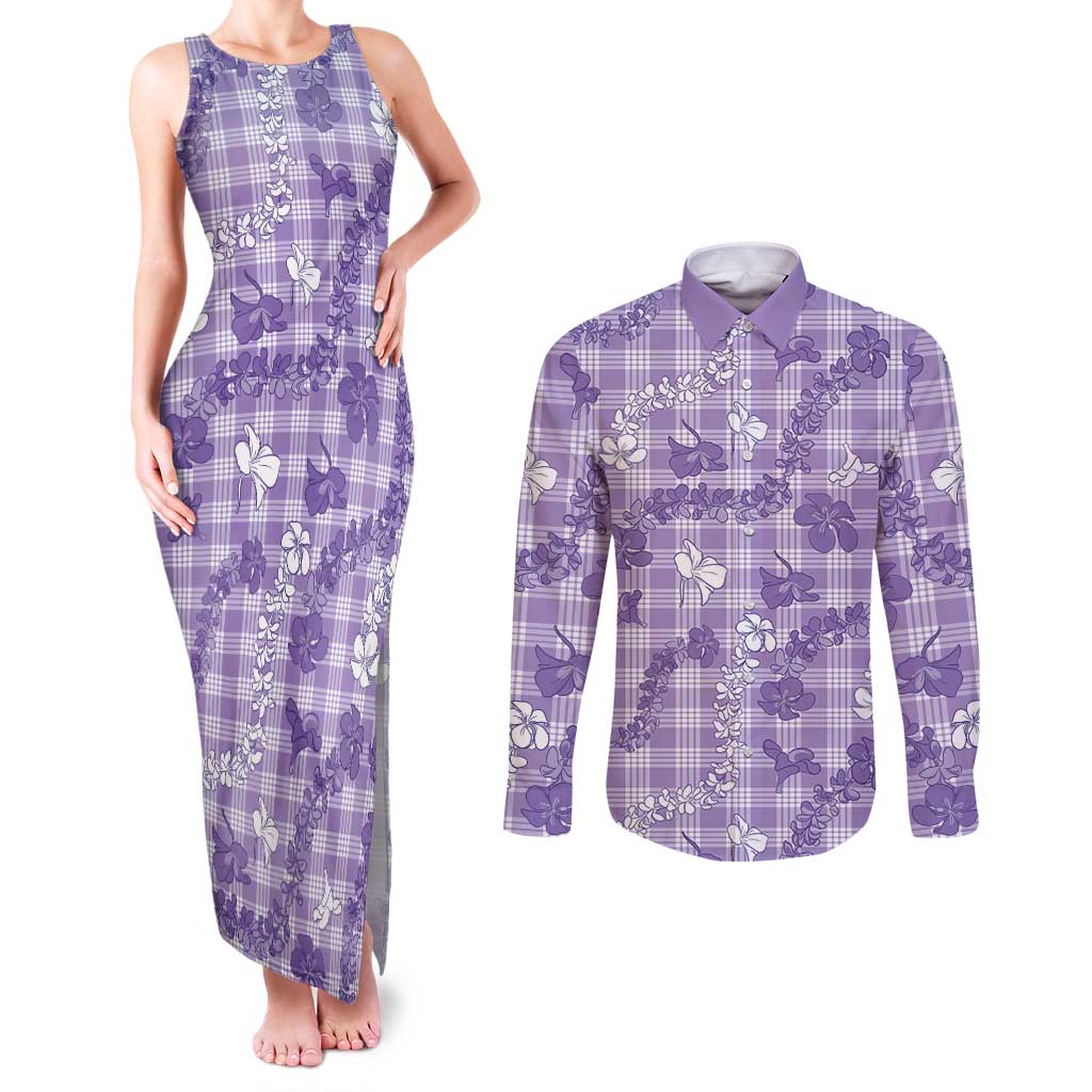 Poni Aloha Hawaii Couples Matching Tank Maxi Dress and Long Sleeve Button Shirt Plumeria Lei With Palaka Motif LT14 Purple - Polynesian Pride