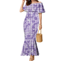 Poni Aloha Hawaii Family Matching Mermaid Dress and Hawaiian Shirt Plumeria Lei With Palaka Motif LT14 Mom's Dress Purple - Polynesian Pride