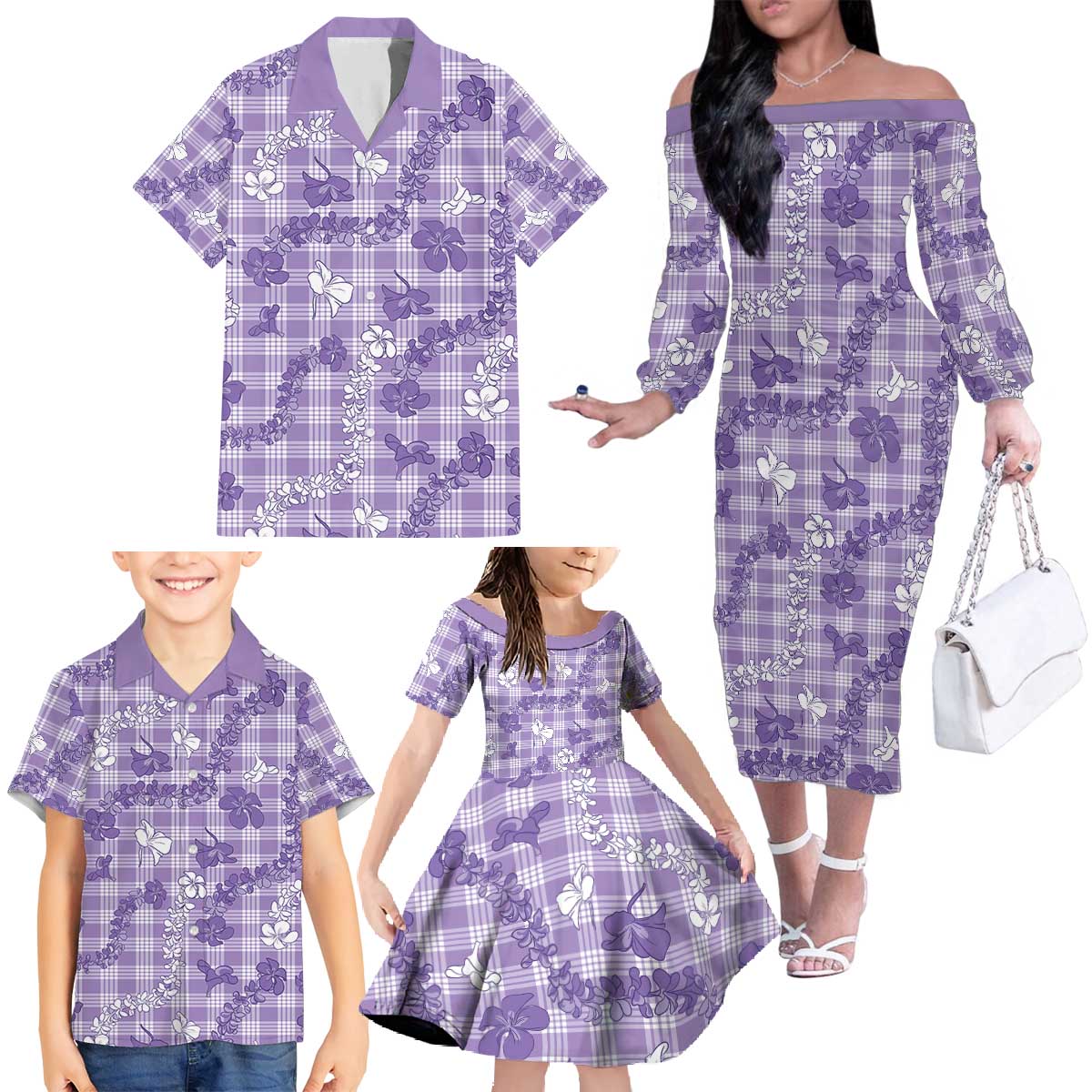 Poni Aloha Hawaii Family Matching Off The Shoulder Long Sleeve Dress and Hawaiian Shirt Plumeria Lei With Palaka Motif - Polynesian Pride