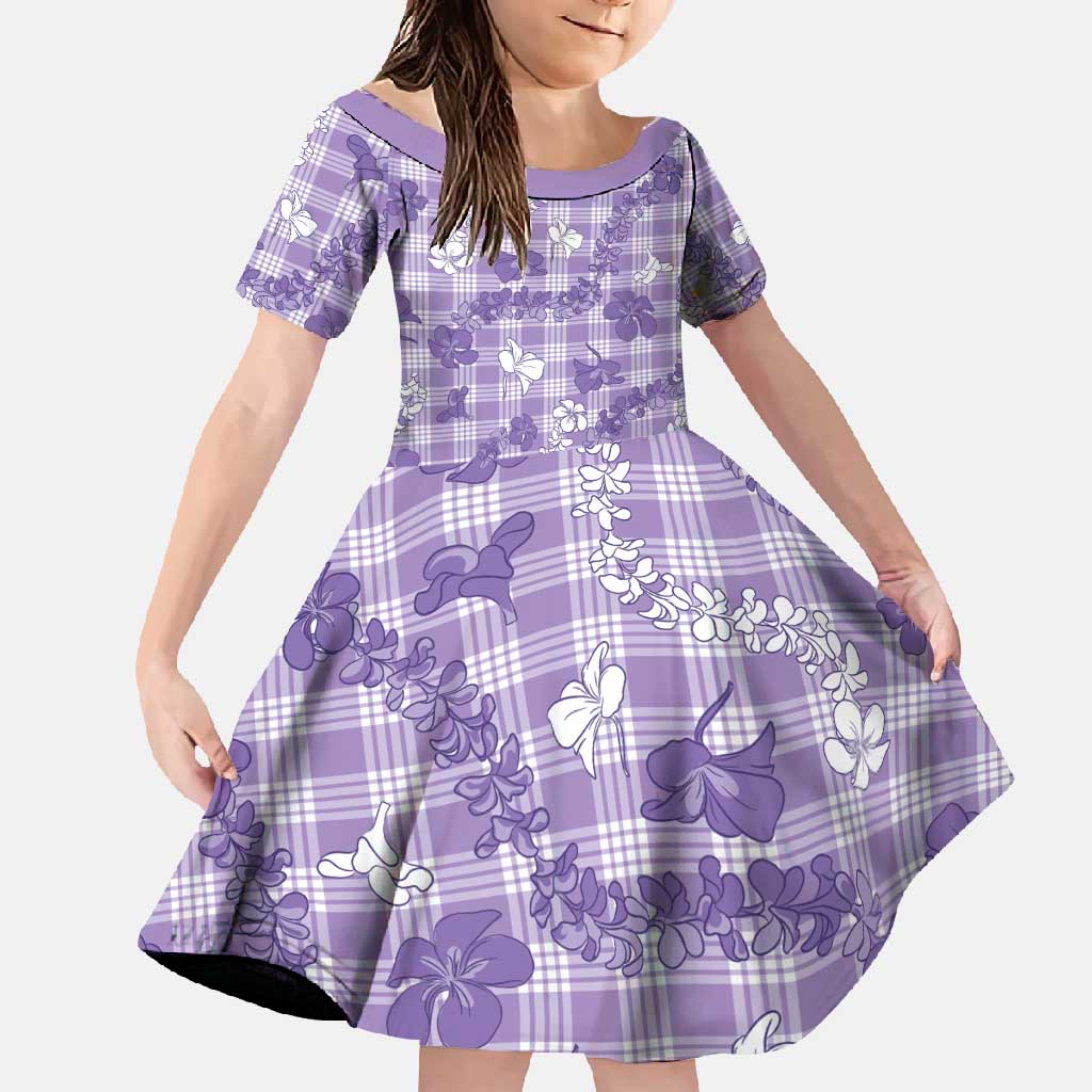 Poni Aloha Hawaii Family Matching Off Shoulder Maxi Dress and Hawaiian Shirt Plumeria Lei With Palaka Motif LT14 Daughter's Dress Purple - Polynesian Pride