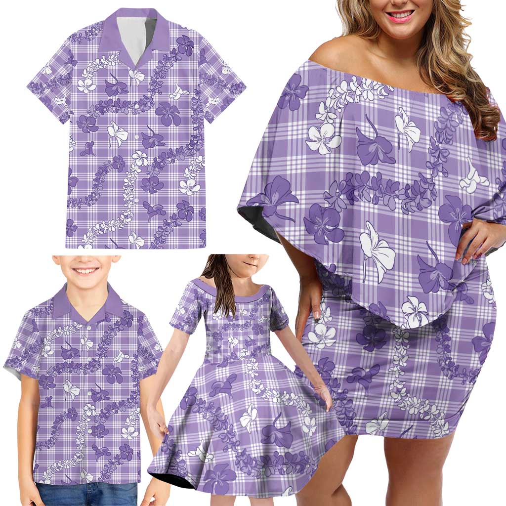 Poni Aloha Hawaii Family Matching Off Shoulder Short Dress and Hawaiian Shirt Plumeria Lei With Palaka Motif - Polynesian Pride