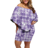 Poni Aloha Hawaii Family Matching Off Shoulder Short Dress and Hawaiian Shirt Plumeria Lei With Palaka Motif LT14 Mom's Dress Purple - Polynesian Pride