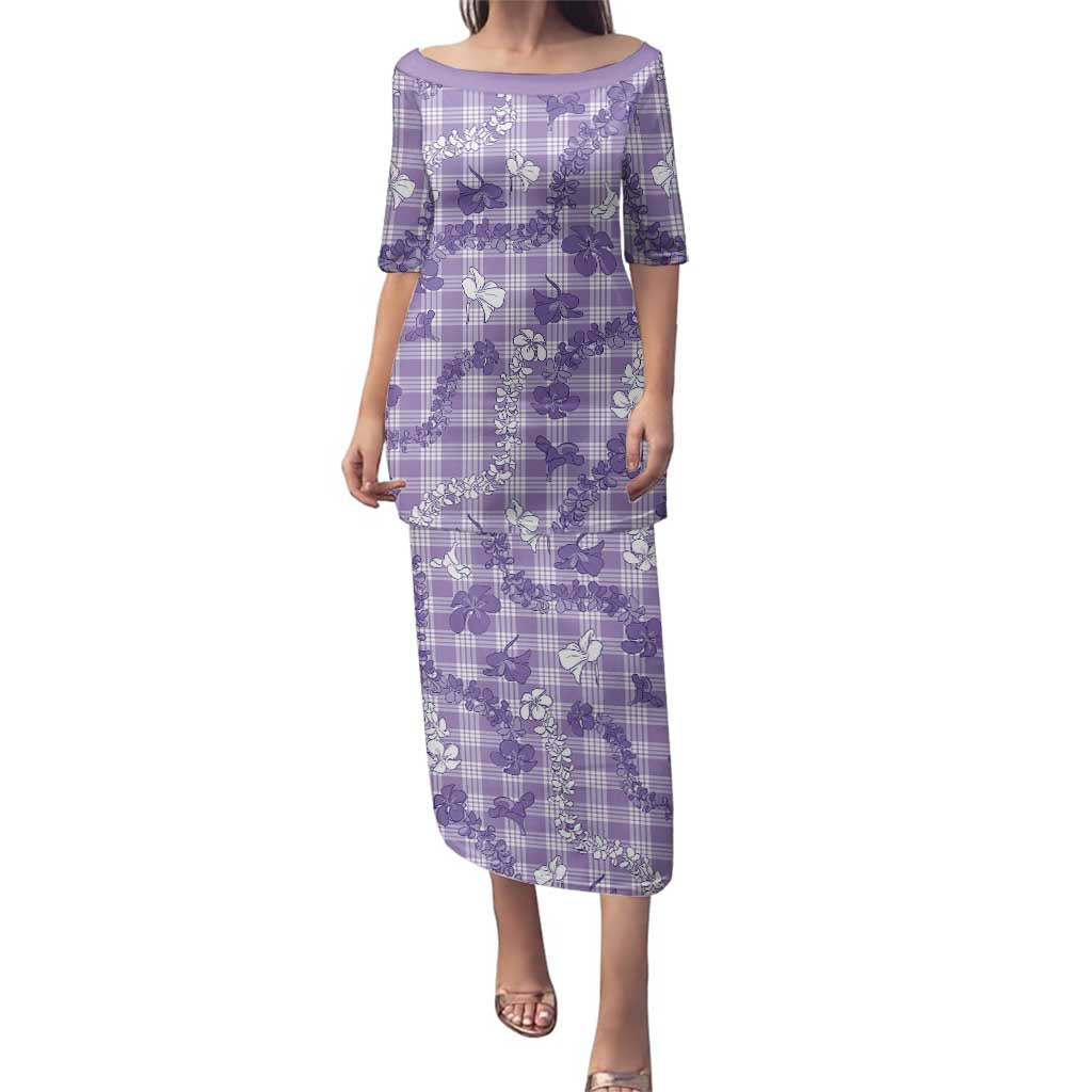 Poni Aloha Hawaii Family Matching Puletasi and Hawaiian Shirt Plumeria Lei With Palaka Motif LT14 Mom's Dress Purple - Polynesian Pride