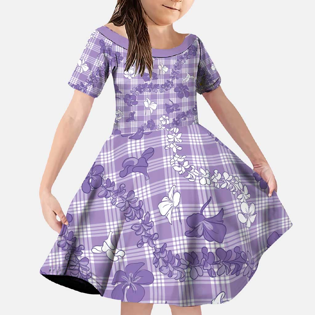 Poni Aloha Hawaii Family Matching Short Sleeve Bodycon Dress and Hawaiian Shirt Plumeria Lei With Palaka Motif LT14 Daughter's Dress Purple - Polynesian Pride