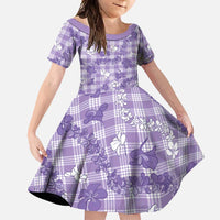 Poni Aloha Hawaii Family Matching Short Sleeve Bodycon Dress and Hawaiian Shirt Plumeria Lei With Palaka Motif LT14 Daughter's Dress Purple - Polynesian Pride