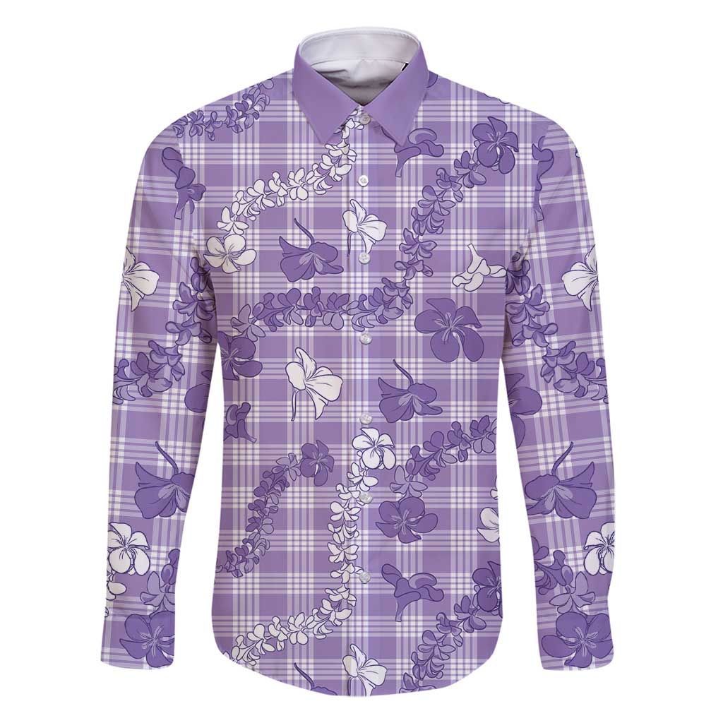 Poni Aloha Hawaii Family Matching Summer Maxi Dress and Hawaiian Shirt Plumeria Lei With Palaka Motif LT14 Dad's Shirt - Long Sleeve Purple - Polynesian Pride
