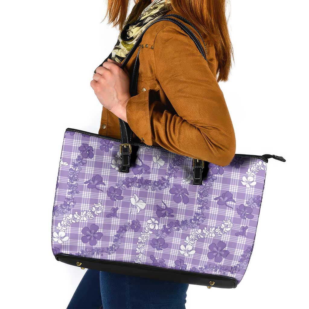 Poni Aloha Hawaii Leather Tote Bag Plumeria Lei With Palaka Motif - Polynesian Pride