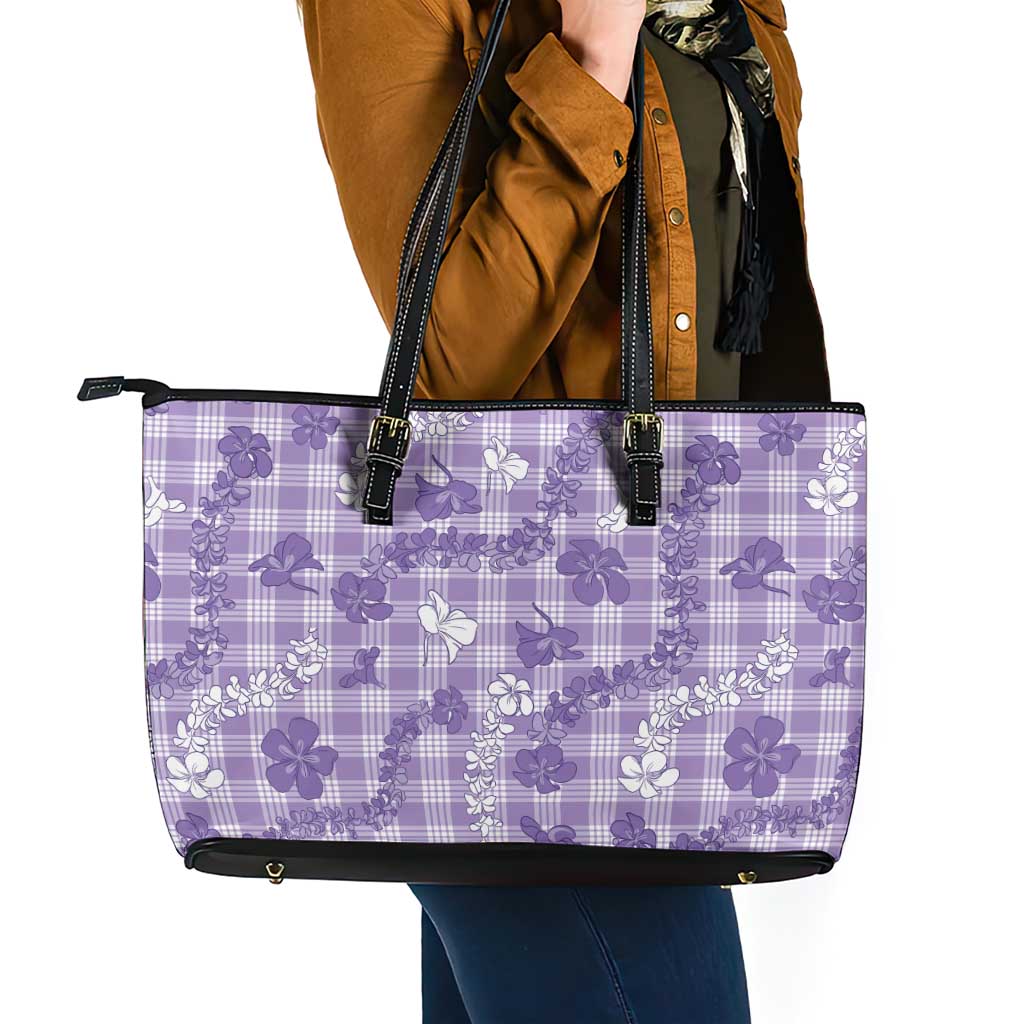 Poni Aloha Hawaii Leather Tote Bag Plumeria Lei With Palaka Motif - Polynesian Pride