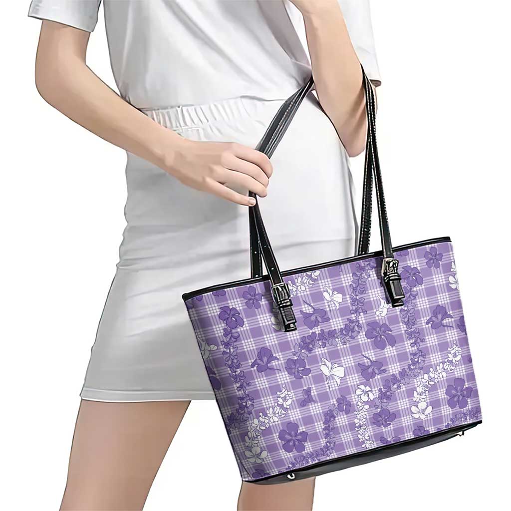 Poni Aloha Hawaii Leather Tote Bag Plumeria Lei With Palaka Motif - Polynesian Pride