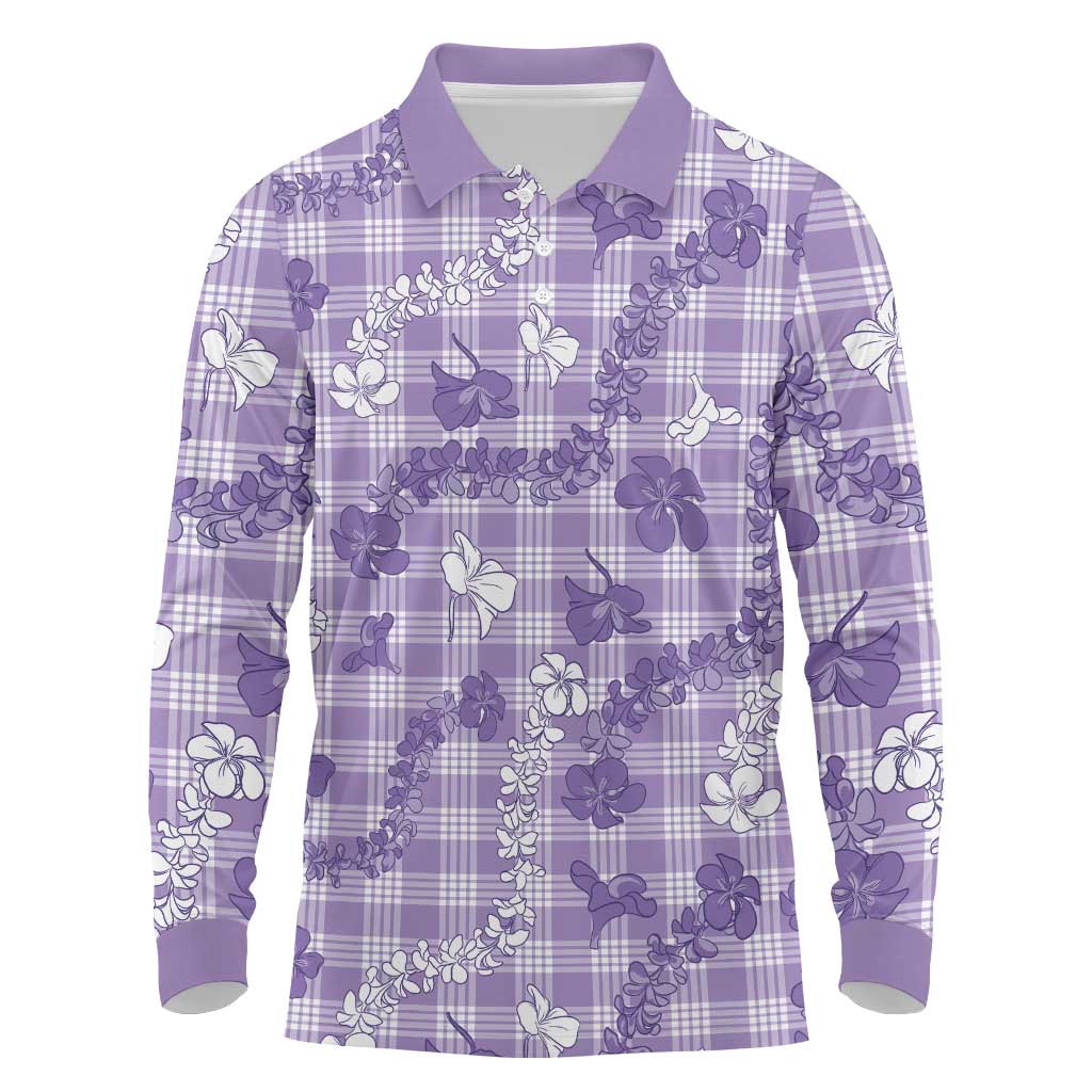 Poni Aloha Hawaii Long Sleeve Polo Shirt Plumeria Lei With Palaka Motif LT14 Purple - Polynesian Pride