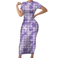 Poni Aloha Hawaii Short Sleeve Bodycon Dress Plumeria Lei With Palaka Motif LT14 Long Dress Purple - Polynesian Pride