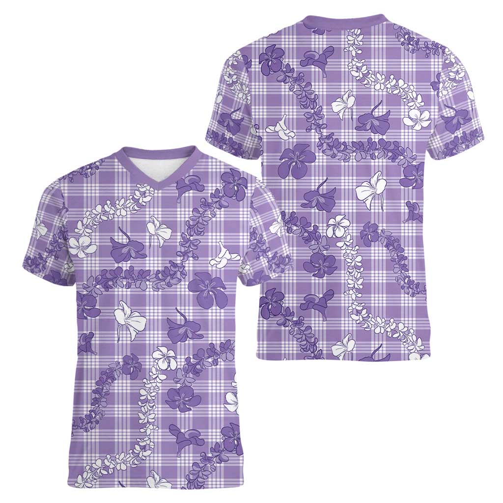 Poni Aloha Hawaii Women V-Neck T-Shirt Plumeria Lei With Palaka Motif LT14 - Polynesian Pride