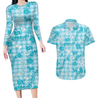 Polu Aloha Hawaii Couples Matching Long Sleeve Bodycon Dress and Hawaiian Shirt Plumeria Lei With Palaka Motif LT14 Blue - Polynesian Pride