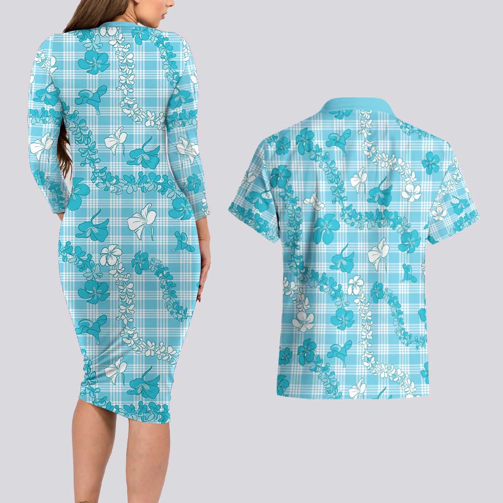 Polu Aloha Hawaii Couples Matching Long Sleeve Bodycon Dress and Hawaiian Shirt Plumeria Lei With Palaka Motif LT14 - Polynesian Pride