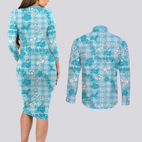 Polu Aloha Hawaii Couples Matching Long Sleeve Bodycon Dress and Long Sleeve Button Shirt Plumeria Lei With Palaka Motif LT14 - Polynesian Pride