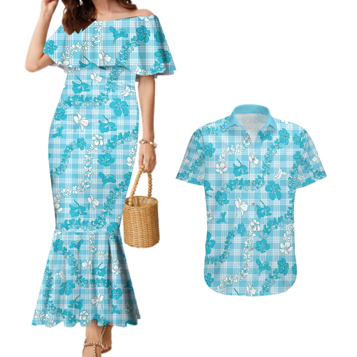 Polu Aloha Hawaii Couples Matching Mermaid Dress and Hawaiian Shirt Plumeria Lei With Palaka Motif - Polynesian Pride