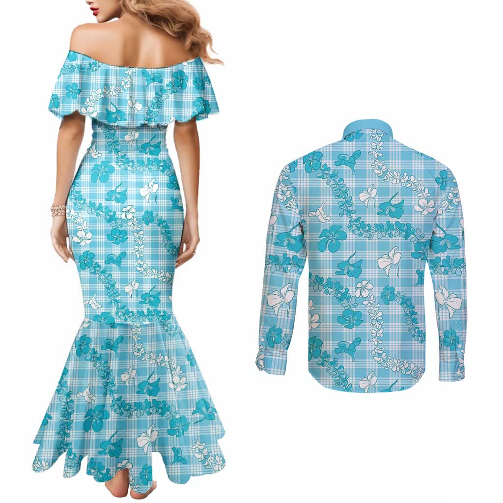 Polu Aloha Hawaii Couples Matching Mermaid Dress and Long Sleeve Button Shirt Plumeria Lei With Palaka Motif LT14 - Polynesian Pride