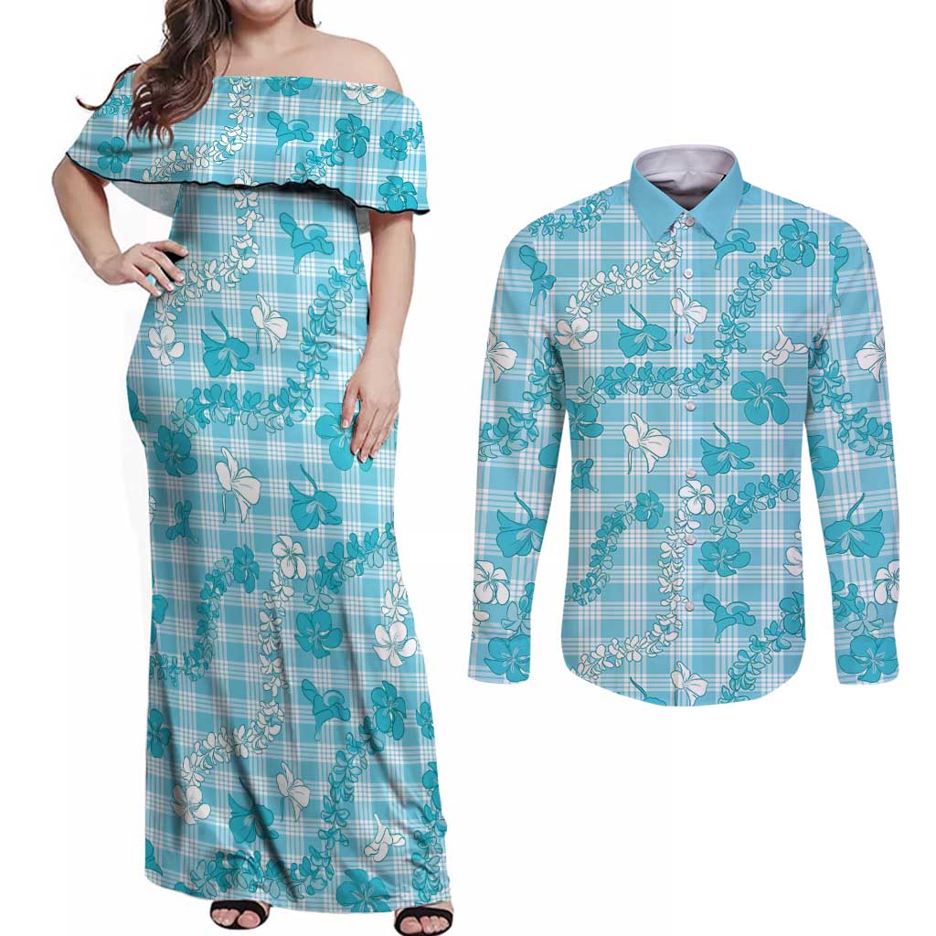 Polu Aloha Hawaii Couples Matching Off Shoulder Maxi Dress and Long Sleeve Button Shirt Plumeria Lei With Palaka Motif LT14 Blue - Polynesian Pride