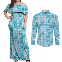 Polu Aloha Hawaii Couples Matching Off Shoulder Maxi Dress and Long Sleeve Button Shirt Plumeria Lei With Palaka Motif LT14 Blue - Polynesian Pride