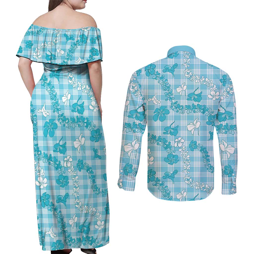 Polu Aloha Hawaii Couples Matching Off Shoulder Maxi Dress and Long Sleeve Button Shirt Plumeria Lei With Palaka Motif LT14 - Polynesian Pride