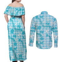 Polu Aloha Hawaii Couples Matching Off Shoulder Maxi Dress and Long Sleeve Button Shirt Plumeria Lei With Palaka Motif LT14 - Polynesian Pride