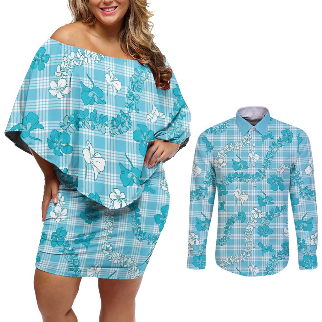 Polu Aloha Hawaii Couples Matching Off Shoulder Short Dress and Long Sleeve Button Shirt Plumeria Lei With Palaka Motif LT14 Blue - Polynesian Pride