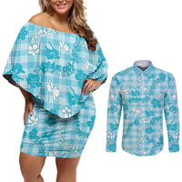 Polu Aloha Hawaii Couples Matching Off Shoulder Short Dress and Long Sleeve Button Shirt Plumeria Lei With Palaka Motif LT14 Blue - Polynesian Pride