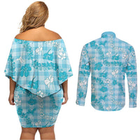 Polu Aloha Hawaii Couples Matching Off Shoulder Short Dress and Long Sleeve Button Shirt Plumeria Lei With Palaka Motif LT14 - Polynesian Pride