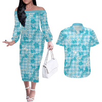 Polu Aloha Hawaii Couples Matching Off The Shoulder Long Sleeve Dress and Hawaiian Shirt Plumeria Lei With Palaka Motif LT14 Blue - Polynesian Pride