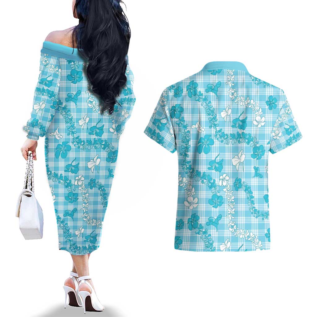 Polu Aloha Hawaii Couples Matching Off The Shoulder Long Sleeve Dress and Hawaiian Shirt Plumeria Lei With Palaka Motif LT14 - Polynesian Pride