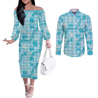 Polu Aloha Hawaii Couples Matching Off The Shoulder Long Sleeve Dress and Long Sleeve Button Shirt Plumeria Lei With Palaka Motif LT14 Blue - Polynesian Pride