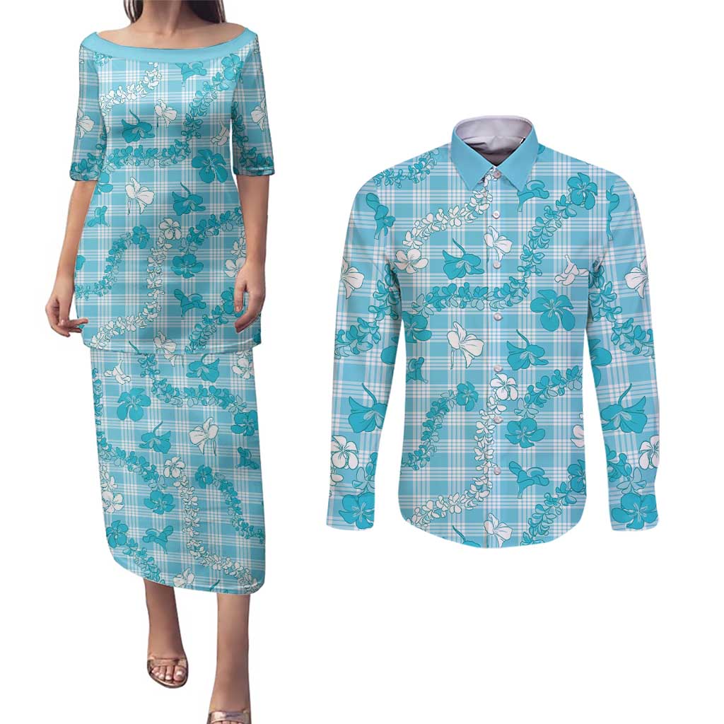 Polu Aloha Hawaii Couples Matching Puletasi and Long Sleeve Button Shirt Plumeria Lei With Palaka Motif LT14 Blue - Polynesian Pride