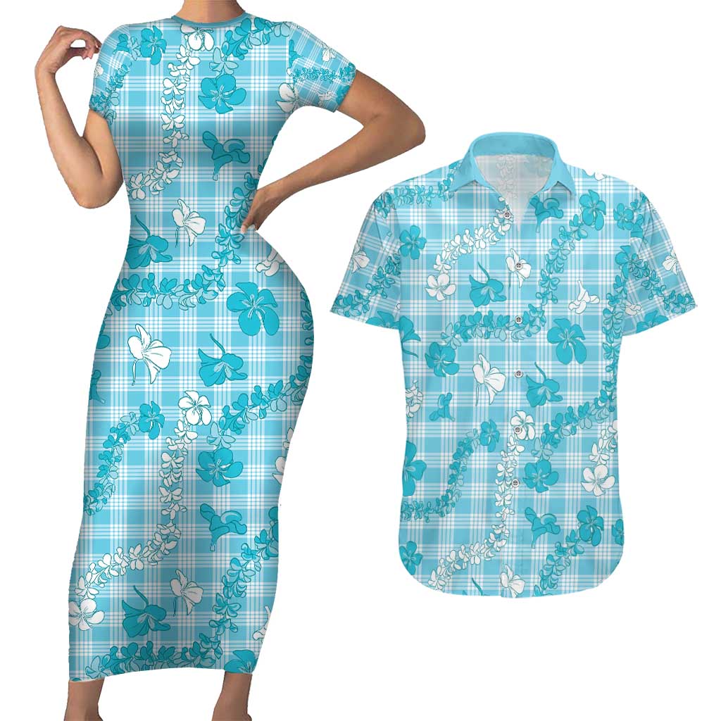 Polu Aloha Hawaii Couples Matching Short Sleeve Bodycon Dress and Hawaiian Shirt Plumeria Lei With Palaka Motif LT14 Blue - Polynesian Pride