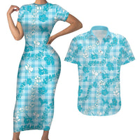 Polu Aloha Hawaii Couples Matching Short Sleeve Bodycon Dress and Hawaiian Shirt Plumeria Lei With Palaka Motif LT14 Blue - Polynesian Pride