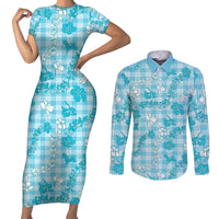 Polu Aloha Hawaii Couples Matching Short Sleeve Bodycon Dress and Long Sleeve Button Shirt Plumeria Lei With Palaka Motif LT14 Blue - Polynesian Pride