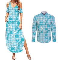 Polu Aloha Hawaii Couples Matching Summer Maxi Dress and Long Sleeve Button Shirt Plumeria Lei With Palaka Motif LT14 Blue - Polynesian Pride