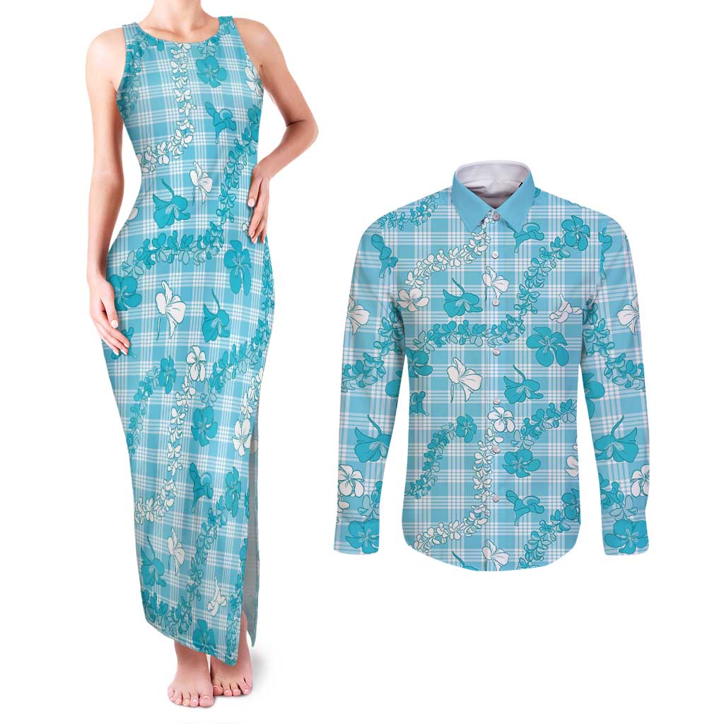 Polu Aloha Hawaii Couples Matching Tank Maxi Dress and Long Sleeve Button Shirt Plumeria Lei With Palaka Motif LT14 Blue - Polynesian Pride