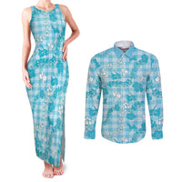 Polu Aloha Hawaii Couples Matching Tank Maxi Dress and Long Sleeve Button Shirt Plumeria Lei With Palaka Motif LT14 Blue - Polynesian Pride
