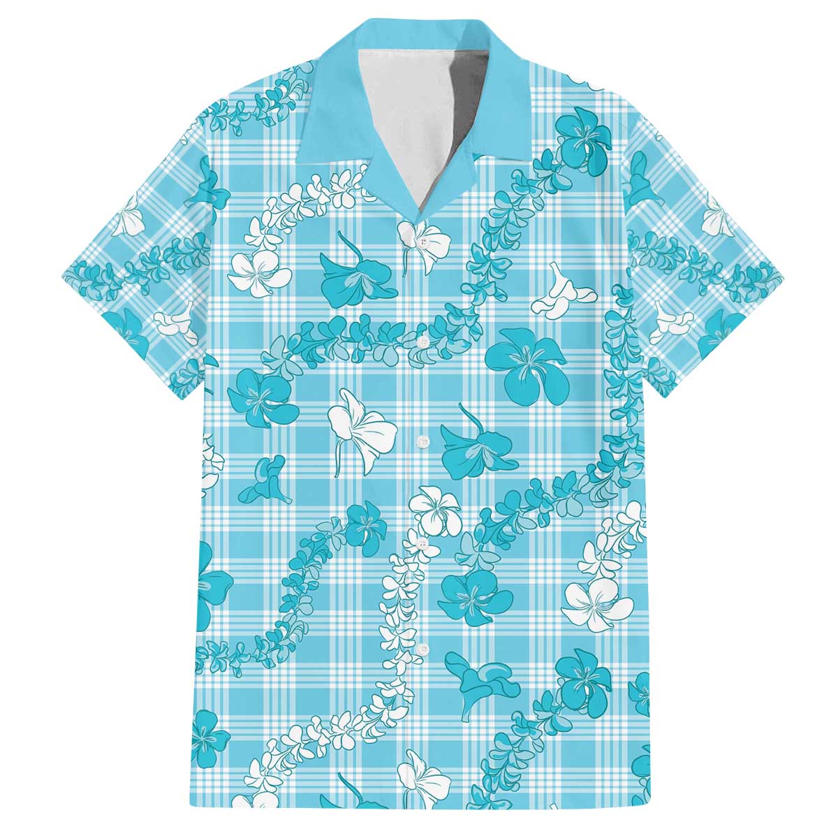 Polu Aloha Hawaii Family Matching Off The Shoulder Long Sleeve Dress and Hawaiian Shirt Plumeria Lei With Palaka Motif LT14 Dad's Shirt - Short Sleeve Blue - Polynesian Pride
