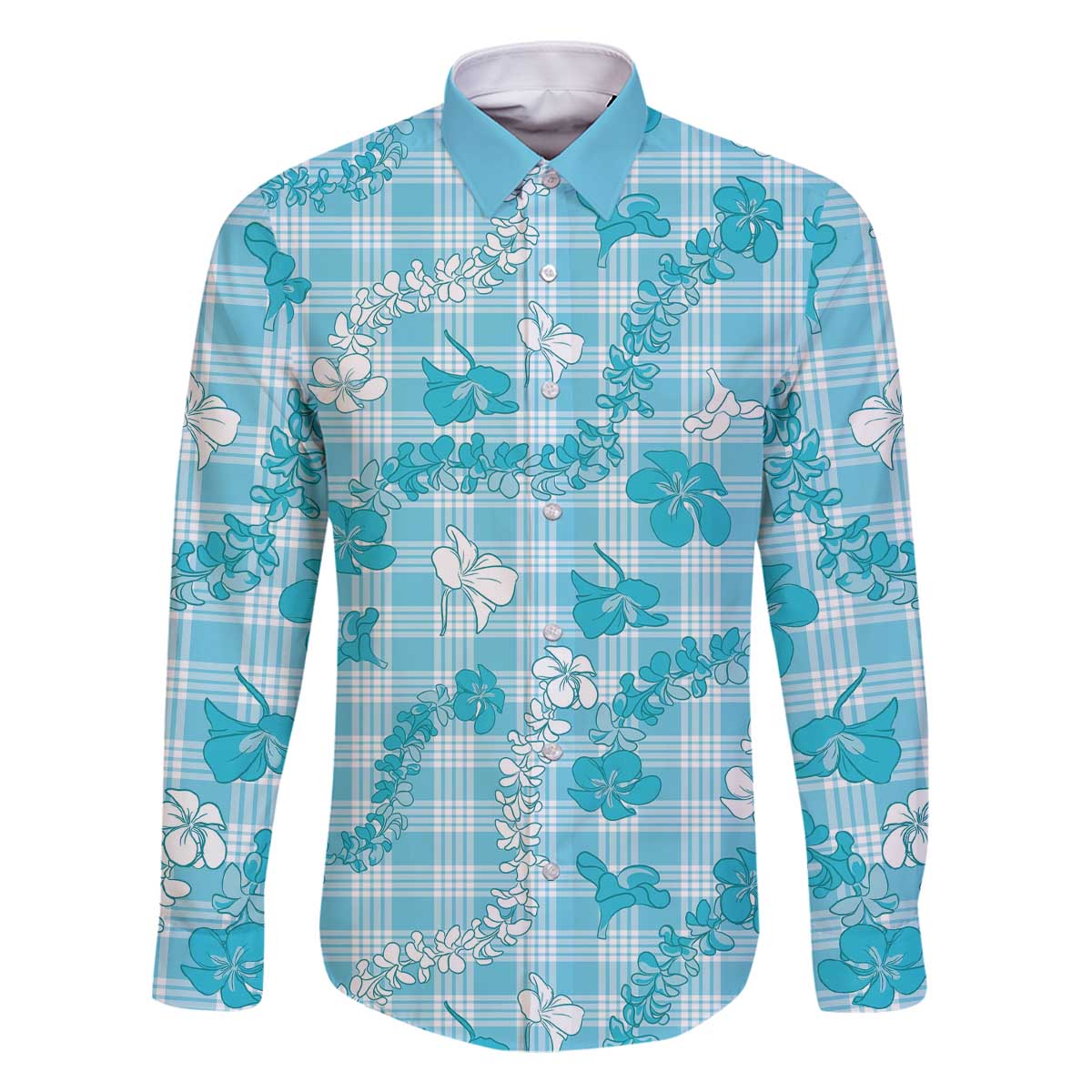 Polu Aloha Hawaii Family Matching Off The Shoulder Long Sleeve Dress and Hawaiian Shirt Plumeria Lei With Palaka Motif LT14 Dad's Shirt - Long Sleeve Blue - Polynesian Pride