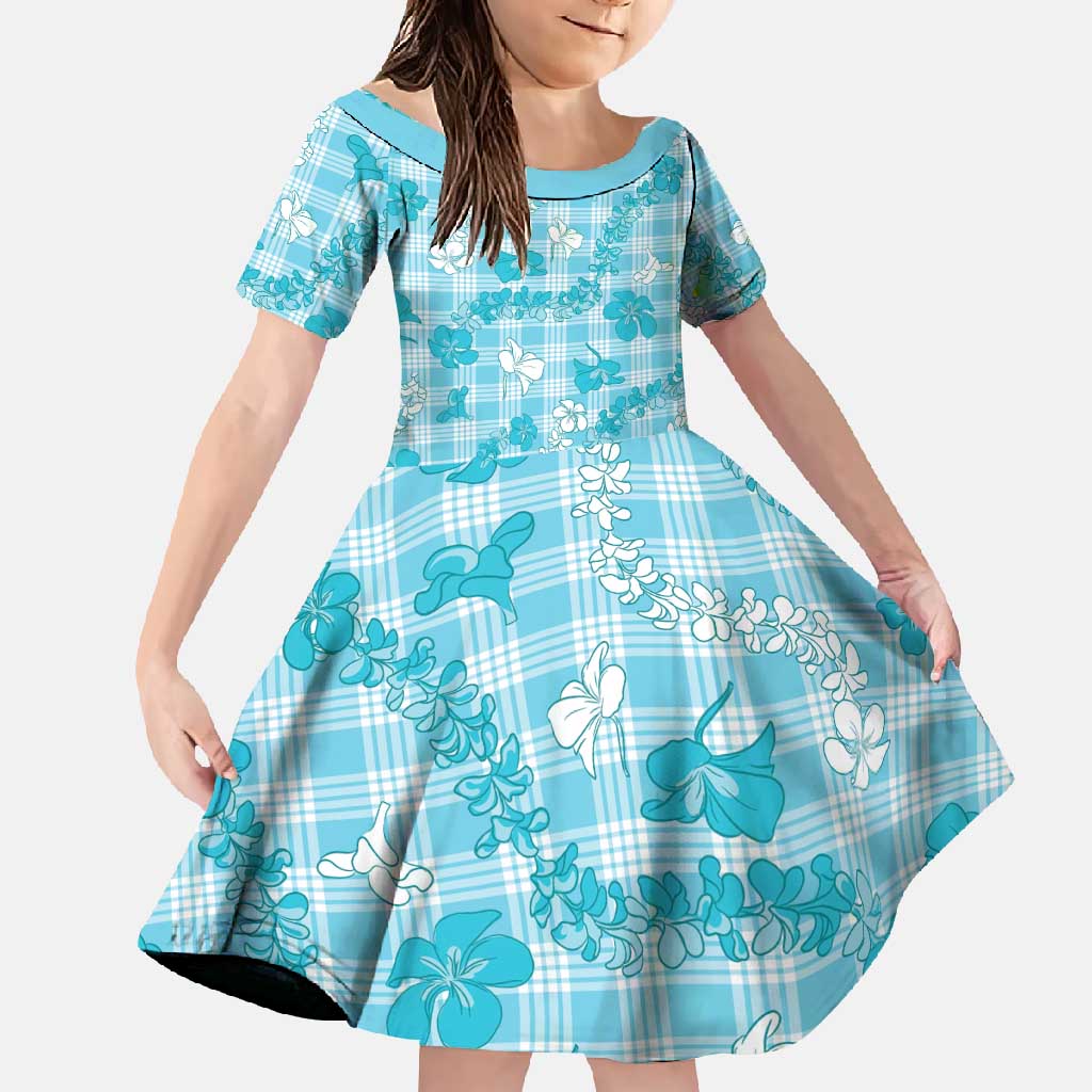 Polu Aloha Hawaii Family Matching Off Shoulder Maxi Dress and Hawaiian Shirt Plumeria Lei With Palaka Motif LT14 Daughter's Dress Blue - Polynesian Pride